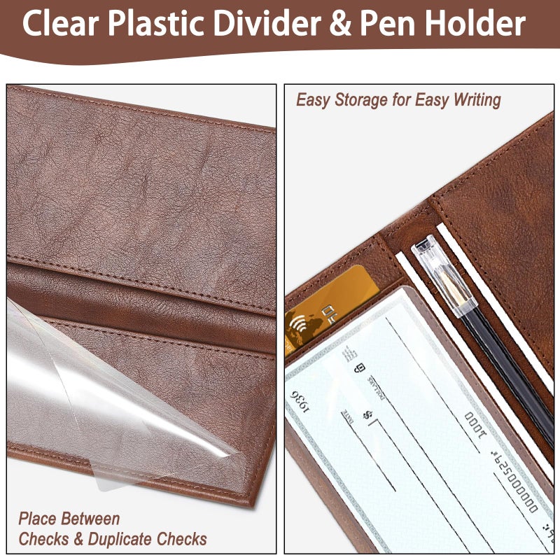 LLi Cufite Leather Checkbook Cover for Top & Side Tear Registers Duplicate Checks with Plastic Insert Flap Card Holder Pen Hoop Slim Wallet for Men Women - Image 4
